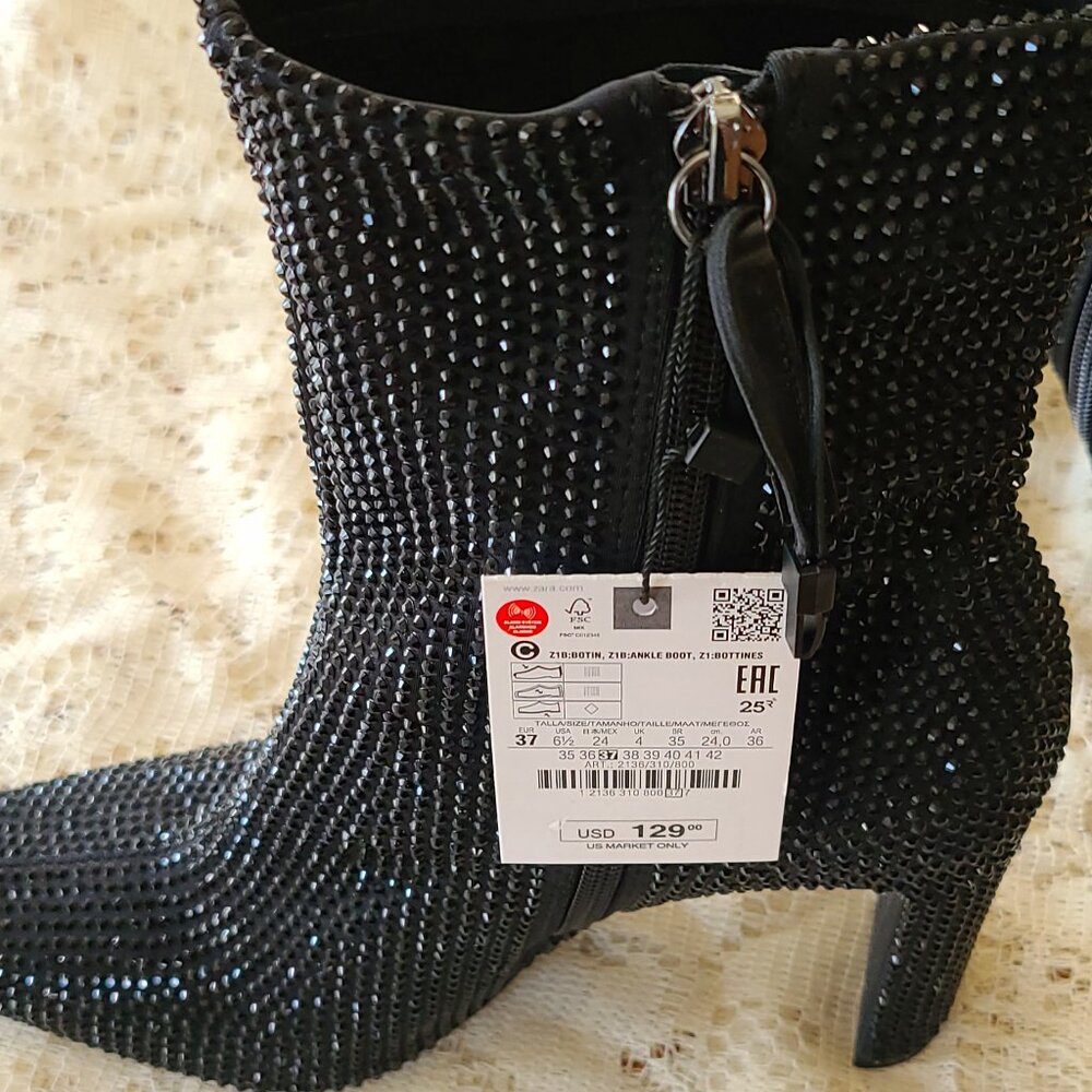 ZARA BLACK GLAM RHINESTONE HEELED ANKLE BOOTS SIZE 6 1/2 - Picture 2 of 10